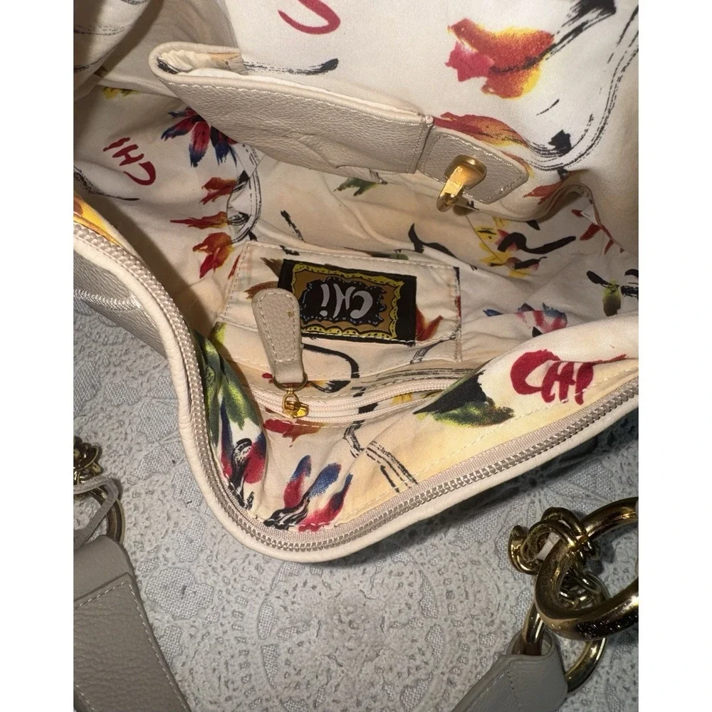 Vtg NEW Chi by Falchi Floral Leather Pebbled Shoulder Handbag SnakeSkin‎ Cream